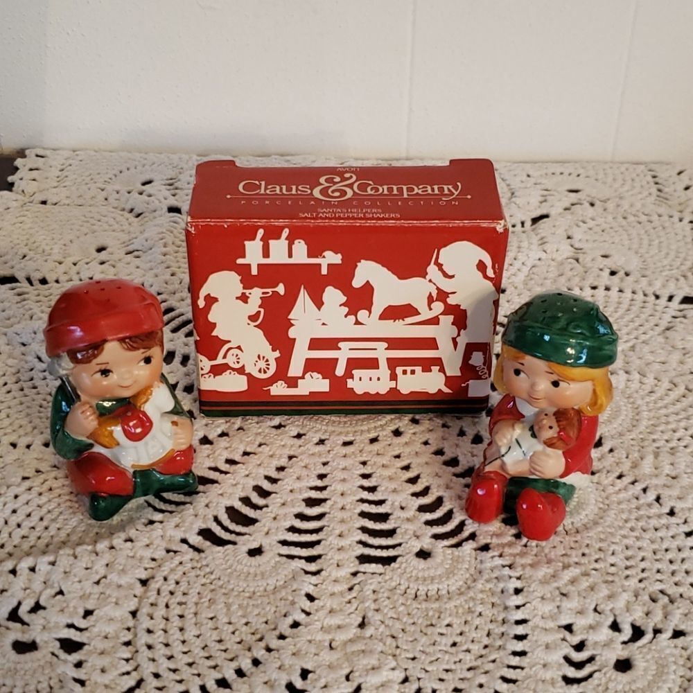 Vintage Avon Claus & Company Porcelain Elf Salt and Pepper Shakers -  (1983)